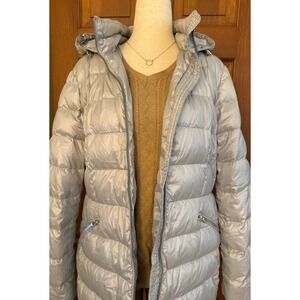 Lands' End Down Puffer Parka Women M/P Petite Gray Hood Lightweight Winter Coat